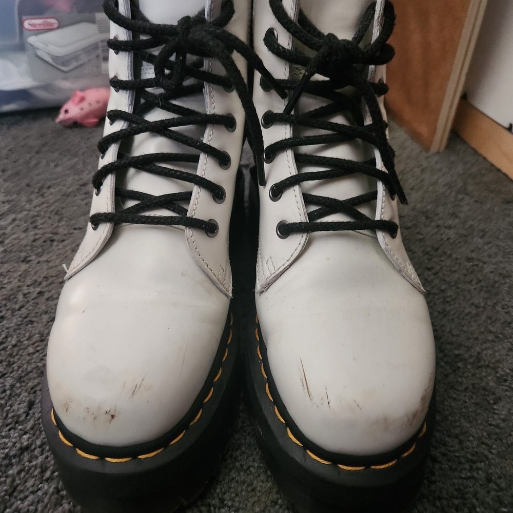 Dr. Martens White Leather Platform Lace-Up Boots with Black Laces